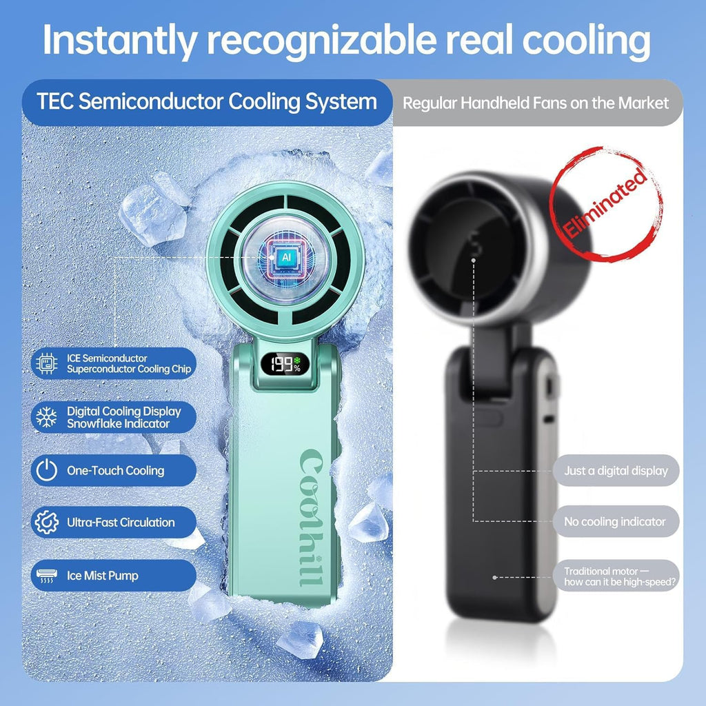 Pro Handheld Portable Fan with Ice Cooler: 199-Speed 5500mAh Rechargeable Handheld Fan, 12H Time Hand Cooling Personal Fans with 20000 RPM Air Turbo Tech for Travel Outdoor (Green)
